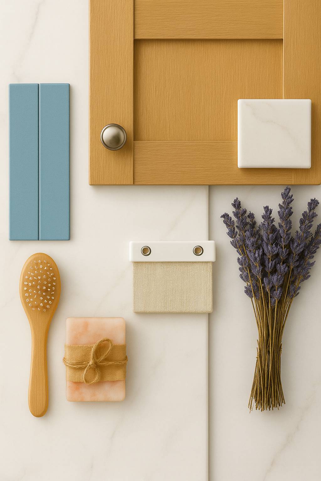 Mood Board Flat Lay Blue White and Oak bathroom